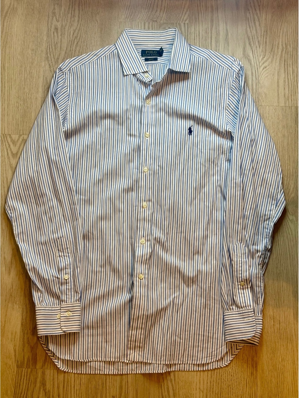Polo Ralph Lauren Men’s Dress Shirt 16 34/35 Slim Fit Blue White Striped Pony